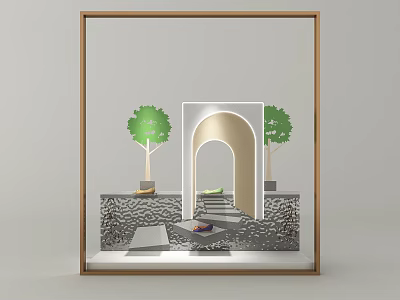 Elegant Window Display With Archway Green Trees Stone Ground Steps And Sofa 3d model