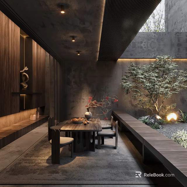 Modern Basement Interior With Dining Table Wooden Elements And Greenery 3d model 