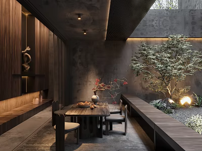 Modern Basement Interior With Dining Table Wooden Elements And Greenery 3d model