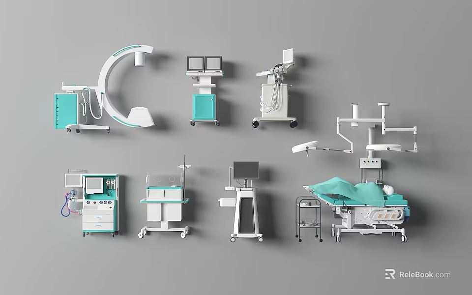 Medical Equipment Collection Featuring Surgical Bed Monitor Trolley Lamp And IV Stand 3d model 
