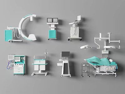 Medical Equipment Collection Featuring Surgical Bed Monitor Trolley Lamp And IV Stand 3d model