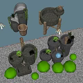 Garden Landscape With Decorative Stone Basins Wooden Stands Cacti And Gravel