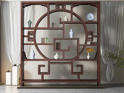 Traditional Chinese Bogu Shelf With Intricate Carving Circular Pattern And Decorative Vases Books 3d model