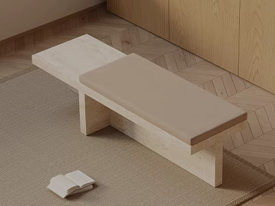 Light Colored Upholstered Bench On Beige Rug With Wooden Floor And Open Book 3d model