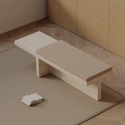 Light Colored Upholstered Bench On Beige Rug With Wooden Floor And Open Book 3d model