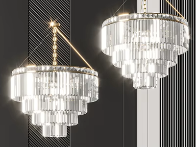 Elegant Multi Tiered Crystal Chandeliers With Golden Frame Illuminated On Dark Striped Wall 3d model