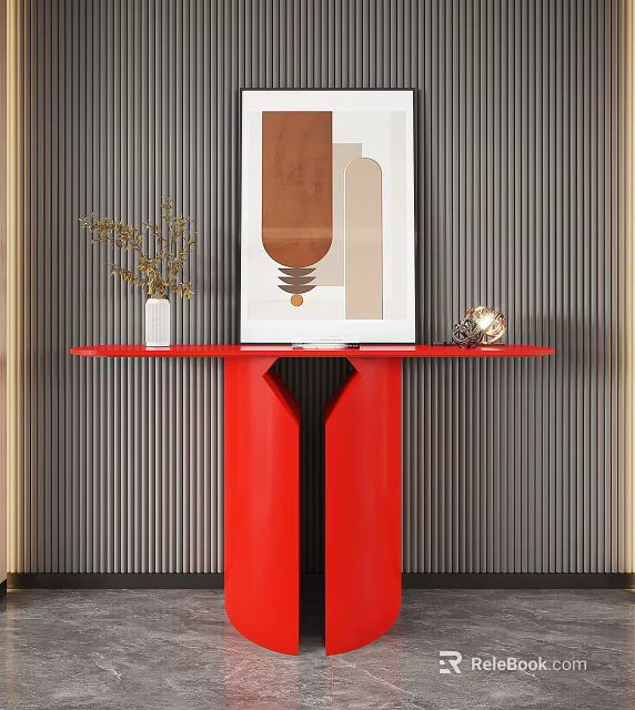Modern Red Console Table Interior Design With Striped Wall Artwork Vase Plant And Metallic Decor 3d model 
