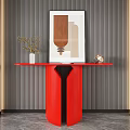 Modern Red Console Table Interior Design With Striped Wall Artwork Vase Plant And Metallic Decor