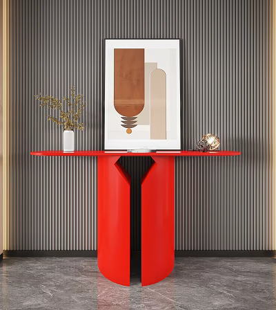 Modern Red Console Table Interior Design With Striped Wall Artwork Vase Plant And Metallic Decor 3d model