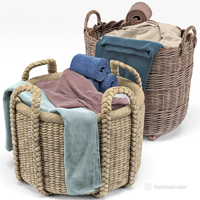 Woven Storage Baskets With Handles For Organizing Various Colored Towels And Clothes 3d model 