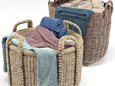 Woven Storage Baskets With Handles For Organizing Various Colored Towels And Clothes 3d model
