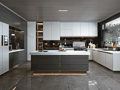 Sleek Modern Kitchen Interior Design With Island Counter Cabinets Appliances And Ceiling Lighting 3d model