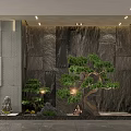 Modern Front Desk Reception Lobby With Stone Wall Decorative Pine Tree And Water Feature Lighting 3d model