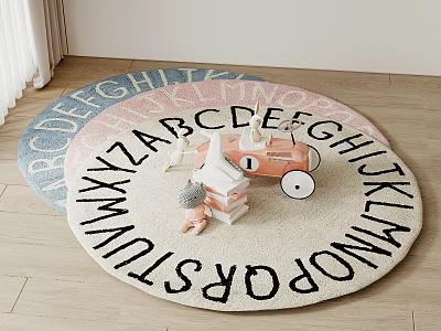 Round Alphabet Pattern Rugs With Toys In Kids Play Area 3d model