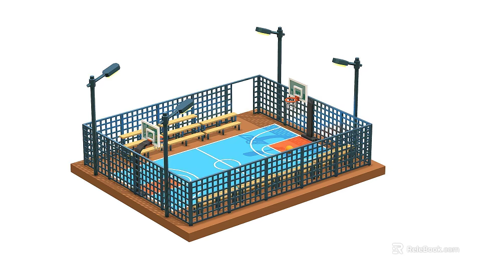 Outdoor Basketball Court Building Components Including Fence Hoops Light Poles And Blue Wooden Floor 3d model 