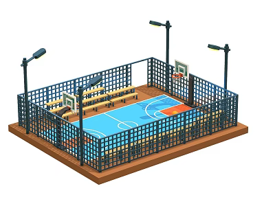Outdoor Basketball Court Building Components Including Fence Hoops Light Poles And Blue Wooden Floor 3d model