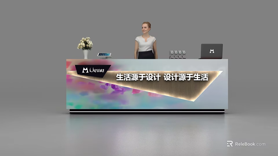 Modern MA Design Reception Desk With Flower Vase Laptop And Receptionist 3d model 