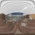 Spacious Restaurant Interior With Buffet Counter Marble Top Pendant Lights Large Windows And Wooden Flooring