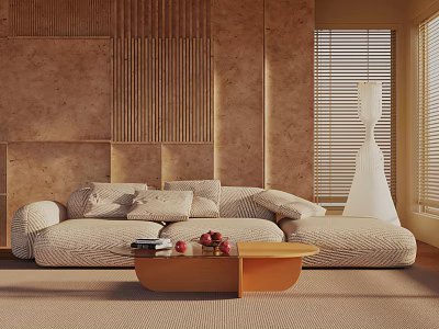 Warm Natural Three Seater Sofa with Wooden Background Coffee Table Fruits Books and Floor Lamp 3d model