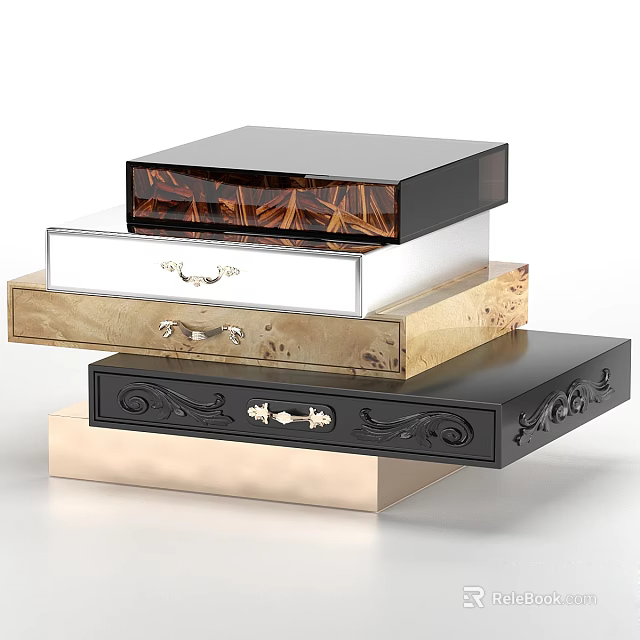 Elegant Stacked Decorative Cabinets with Various Materials Drawers and Carved Details 3d model 