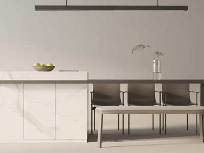 Modern Dining Table Set With Marble Countertop Chairs Bench And Green Plant 3d model