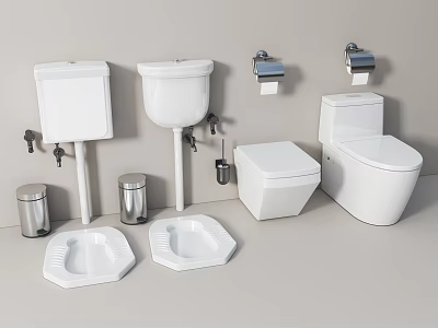 Modern White Toilet With Wash Basin Tank Paper Holder Trash Can And Floor Drains 3d model