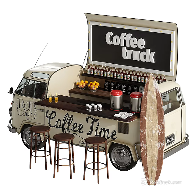 Mobile Coffee Truck Commercial Equipment With Counter Coffee Makers Stools Surfboard And Signage 3d model 
