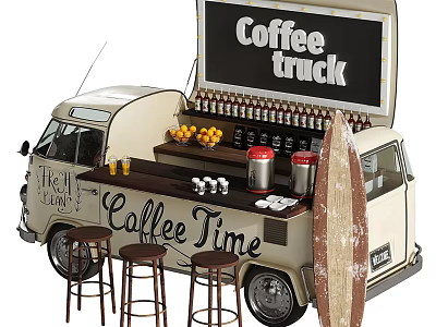 Mobile Coffee Truck Commercial Equipment With Counter Coffee Makers Stools Surfboard And Signage 3d model