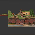 Cartoon Scene Featuring 3D Model Green Grass Small Houses Pathway Trees And Red Wheels