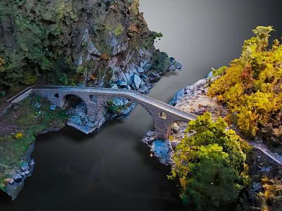 Stone Bridge Spanning River Amid Green Mountains And Yellow Trees Natural Landscape 3d model
