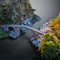 Stone Bridge Spanning River Amid Green Mountains And Yellow Trees Natural Landscape