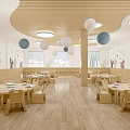 Kindergarten Dining Area With Wooden Ceiling Round Lights And Wall Decors