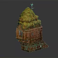 Unique Tilted Wooden Building With Yellow Mossy Roof Small Tower And Windows
