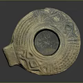 Ancient Clay Vessel With Carved Patterns Lid And Handle Earth Toned Design