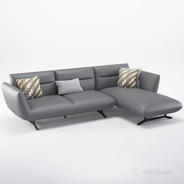 Modern Living Room With Sleek Grey Leather Corner Sectional Sofa And Soft Decorative Pillows 3d model 