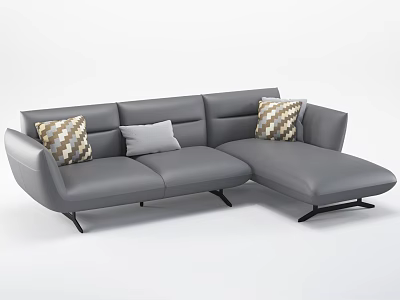 Modern Living Room With Sleek Grey Leather Corner Sectional Sofa And Soft Decorative Pillows 3d model