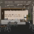 Cherry Coffee Shop Modern Interior Design With Tables Chairs Bar Counter Shelves And Green Plant