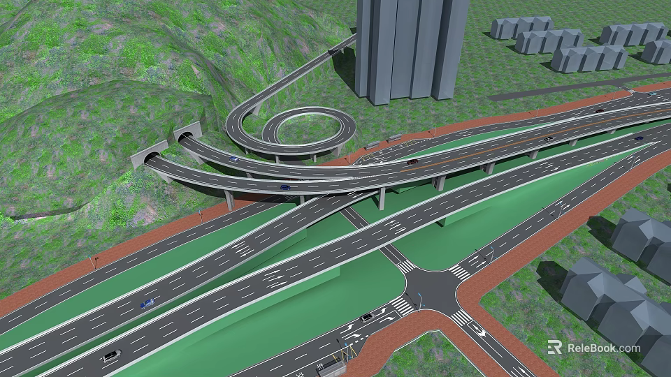 Multi Level Highway Interchange Infrastructure With Roundabout Lanes Urban Connections And Green Surroundings 3d model 