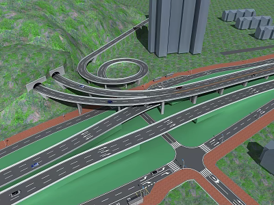 Multi Level Highway Interchange Infrastructure With Roundabout Lanes Urban Connections And Green Surroundings 3d model