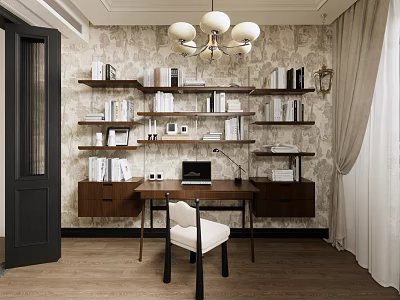 Study Room Interior Design With Shelves Books Wooden Desk White Chair And Chandelier 3d model