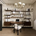 Study Room Interior Design With Shelves Books Wooden Desk White Chair And Chandelier
