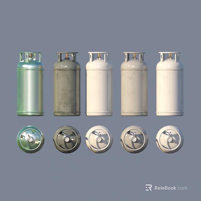 Five Different Colored Fire Safety Cylinders With Various Top Valve Designs 3d model 