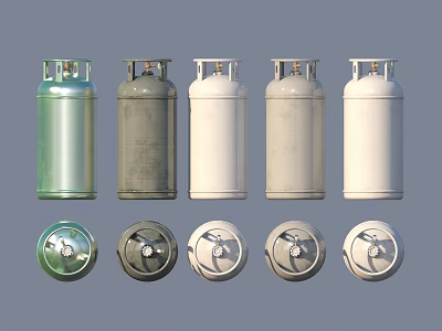 Five Different Colored Fire Safety Cylinders With Various Top Valve Designs 3d model