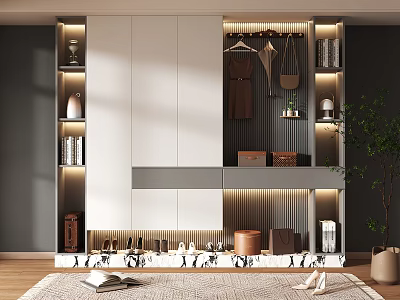 Modern Shoe Cabinet Interior Design With White Gray Finish Open Shelves And LED Lighting 3d model