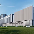 Modern Furniture Factory Industrial Building With Glass Facade Parking And Lawn