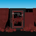 Elegant Red And Black Decorative Scene With Curtains Frame Floral Arrangements And Spheres