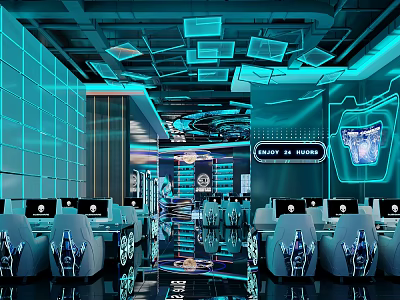 Contemporary Cyber Cafe Interior With Ergonomic Gaming Chairs Multiple High Performance Computers And Neon Lighting 3d model