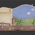 Open Pink Suitcase Featuring Cartoon Scene Small Cabin Green Trees Blue Sky White Clouds