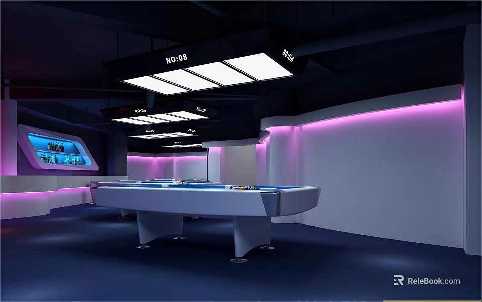 Modern Billiard Room Interior Design With Pool Table And Purple Accent Lighting 3d model 