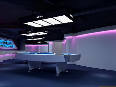 Modern Billiard Room Interior Design With Pool Table And Purple Accent Lighting 3d model